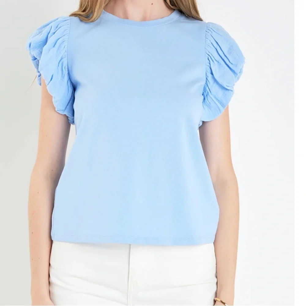 English Factory MIXED MEDIA T-SHIRT Size XS Powder Blue NWT - Picture 7 of 10